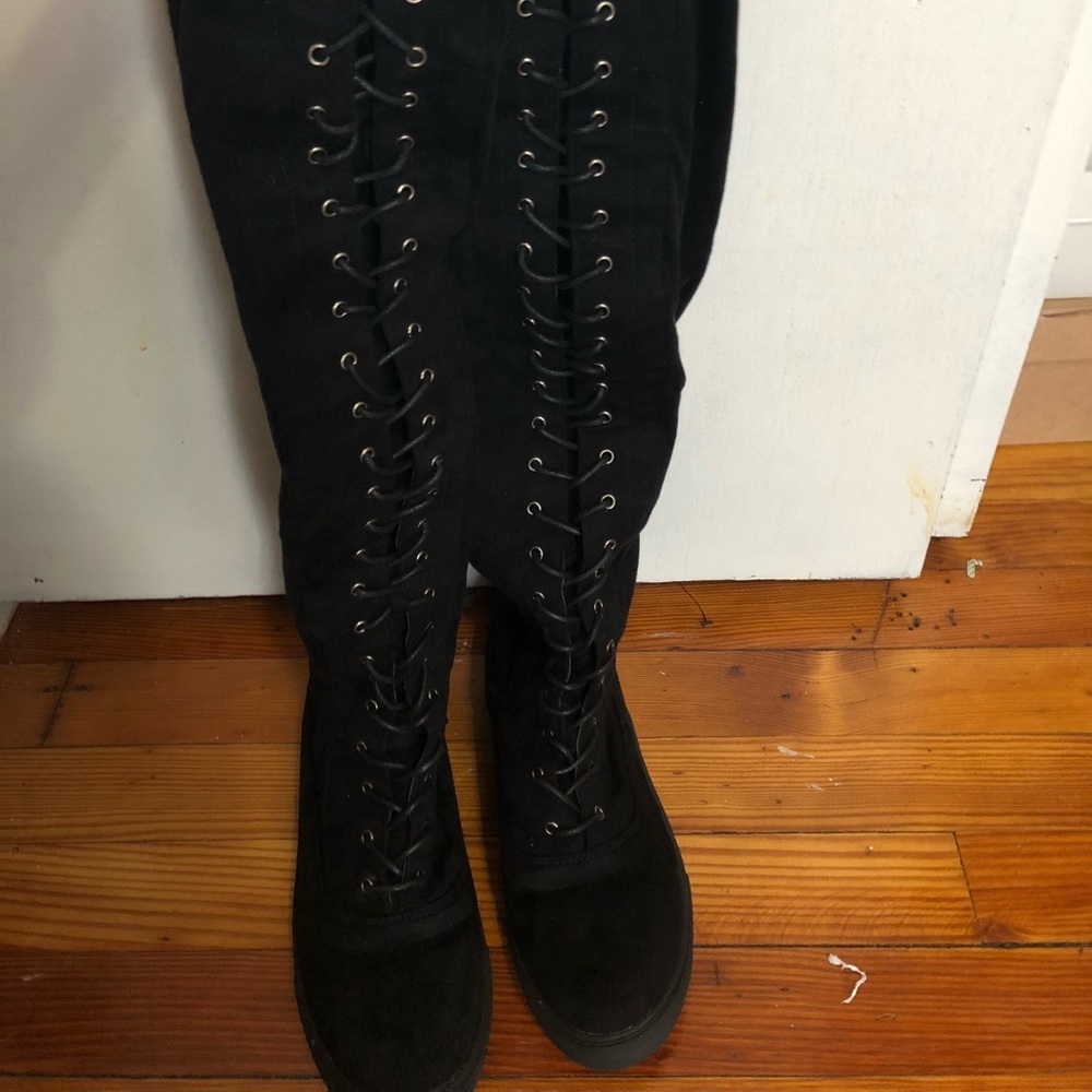 Black Lace-Up Knee High Flat Knee High Boots